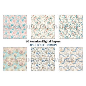 Seashell Digital Paper Bundle, Watercolor Ocean Patterns With Starfish, Coral, Beach Waves, Seamless Summer Scrapbook And Craft Designs