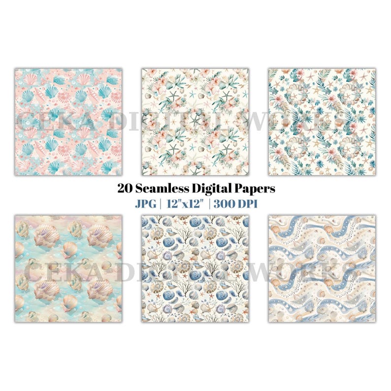 Seashell Digital Paper Bundle, Watercolor Ocean Patterns With Starfish, Coral, Beach Waves, Seamless Summer Scrapbook And Craft Designs