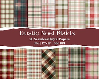 Vintage Rustic Noel Plaids, Christmas Tartan Digital Paper Bundle, Red Green Beige Cozy Checks, Holiday Backgrounds, Scrapbook Patterns