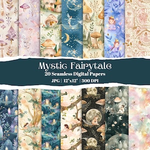 Papel digital aquarela de conto de fadas caprichoso, padrões mágicos de fantasia sem costura, floresta encantada, lua e estrelas, fundos com tema de fadas