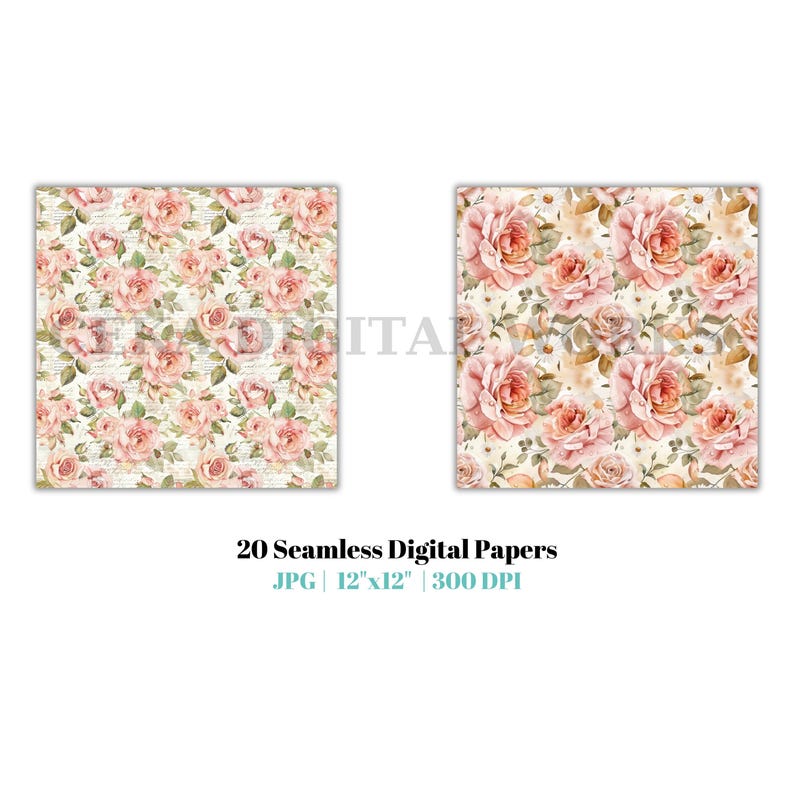 Rose Digital Paper, Pink Rose Seamless Patterns, Floral Scrapbook Paper ...