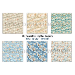 Seashell Digital Paper Bundle, Watercolor Ocean Patterns With Starfish, Coral, Beach Waves, Seamless Summer Scrapbook And Craft Designs