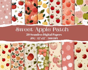 Sweet Apple Patch Digital Papers, Apple Seamless Patterns, Cozy Fall Fruit Backgrounds, Scrapbook and Wrapping Paper, JPG