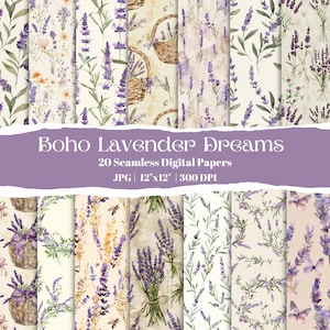 Papeles digitales bohemios lavanda sin costuras, patrones de lavanda en acuarela, fondos florales vintage morados, diario basura, papel para álbumes de recortes