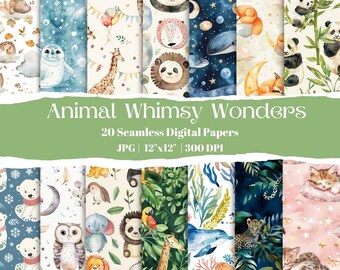 20 Seamless Animal Digital Paper Bundle, Jungle, Ocean & Forest Baby Animals, Nursery Scrapbook, Wrapping Paper Backgrounds