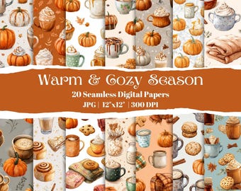 May include: A collection of 20 seamless digital papers with a warm and cozy autumn theme. The designs feature pumpkins, mugs of coffee and hot chocolate, baked goods, and cozy blankets. Each paper is 12"x12" and 300 DPI. The text "Warm & Cozy Season" is displayed.