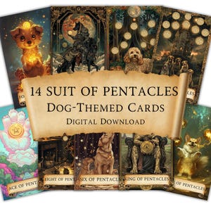 Baralho de tarô para cães Download digital, 14 cartas de tarô canino com naipe de pentáculos, conjunto de 14 cartas para impressão, presente exclusivo para amantes de cães, decoração espiritual