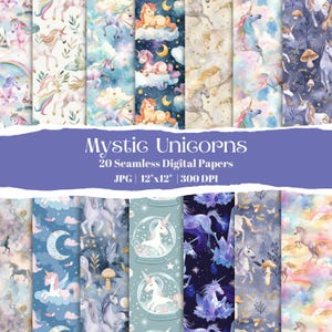 Unicorn Seamless Pattern Pack, Watercolor Unicorn Digital Paper, Fantasy Tumbler Wrap, Pastel Unicorn Scrapbook Paper, Magical Prints