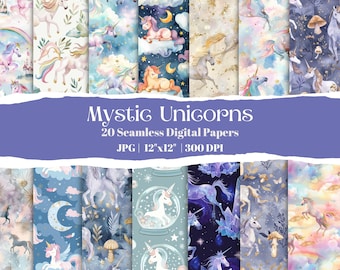 Watercolor Unicorn Digital Paper: Pastel Seamless Patterns (Digital Download)