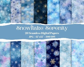 Snowflake Serenity, 20 carte digitali senza soluzione di continuità ad acquerello, sfondi invernali ad acquerello, motivi di neve blu e argento, album di ritagli di Natale