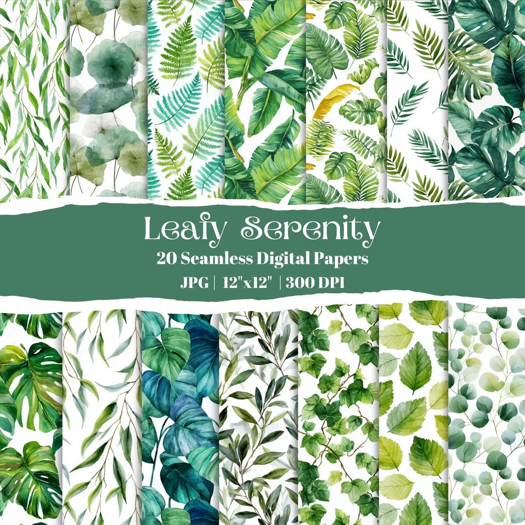 Leafy Serenity Digital Papers – Watercolor Botanical Greenery for ...