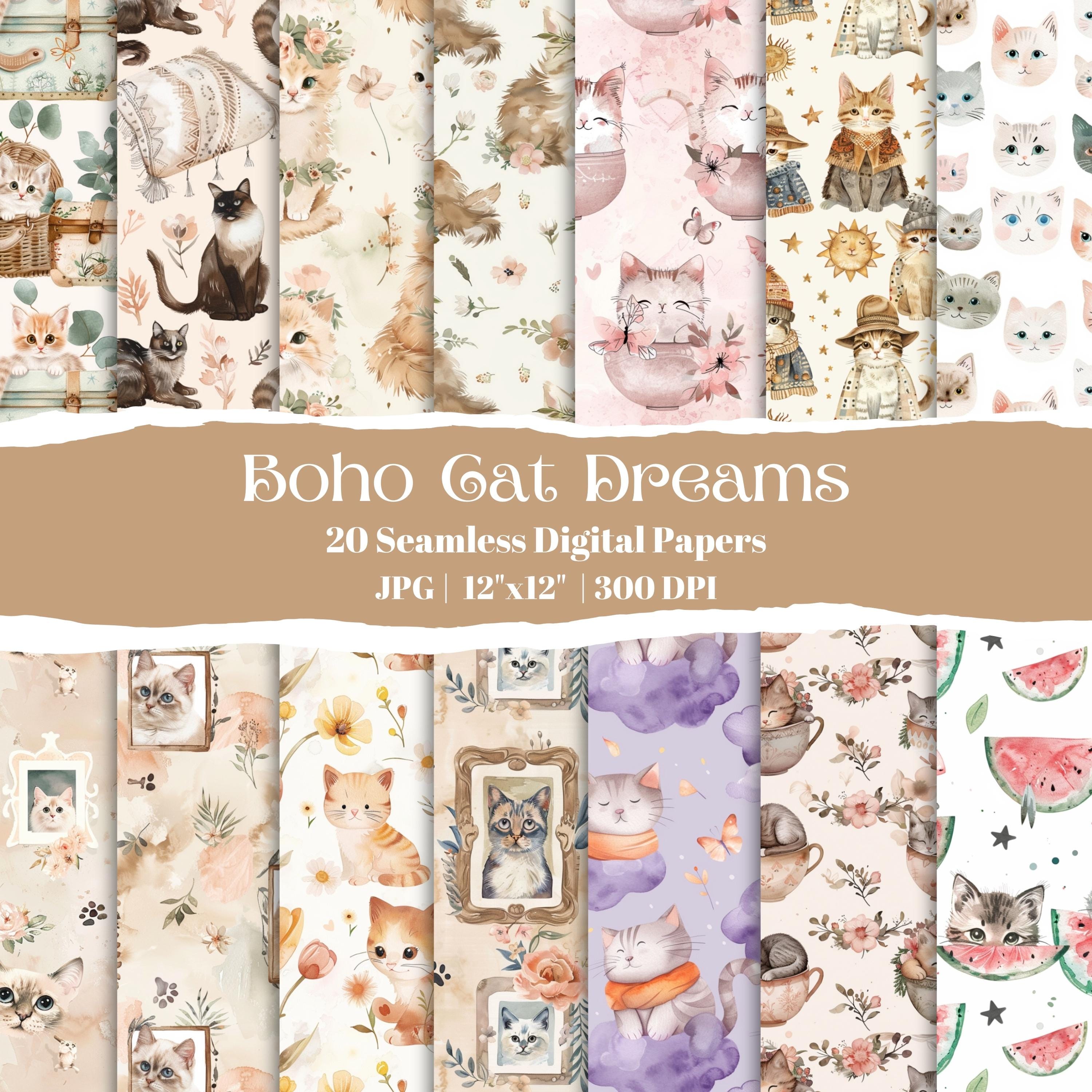 Boho Cat Seamless Digital Paper Bundle, Cute Watercolor Kitten Patterns, Vintage Cat Scrapbook Paper, Pastel Cat Printable Background Set