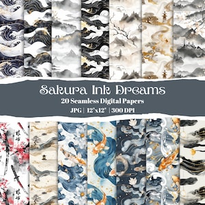 Japanisches Aquarell Digitales Papier, 20 nahtlose Muster mit Koi Fischen, Sakura, Wellen, Bergen, Zen-Kunst, japanischer Tinte druckbare Hintergründe