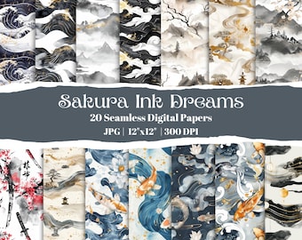 Japanese Watercolor Digital Paper: Koi, Sakura, Zen (20 Seamless Patterns) (Digital Download)