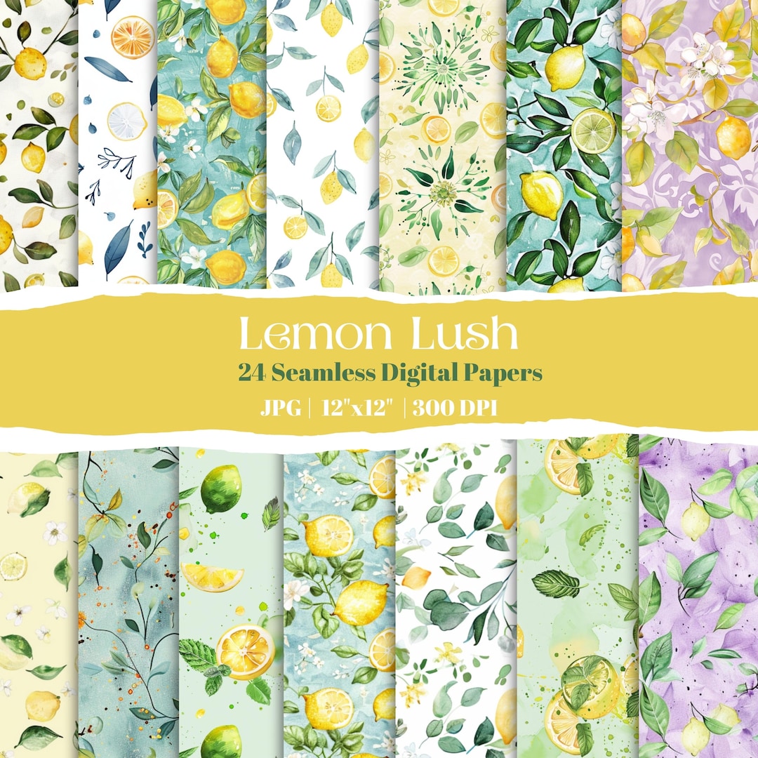 Watercolor Lemon Digital Paper Pack: 24 Citrus Seamless Patterns ...