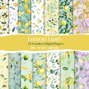 Paquete de papel digital con temática de limón y acuarela, 24 patrones de cítricos sin costuras, diseños de fondos para manualidades, invitaciones y álbumes de recortes de verano
