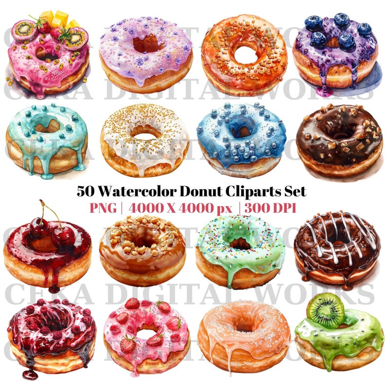 Donut PNG Set, Watercolor Donut Illustrations, Dessert Clipart Bundle ...