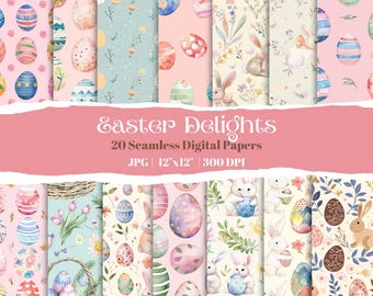 Watercolor Easter Digital Seamless Paper Pack, Pastel Easter Eggs & Bunnies, Spring Floral Patterns, 20 Wrapping Papers