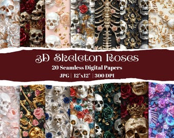 Watercolor Halloween Digital Paper Pack: Gothic Skeleton Roses (Digital Download, 20 Seamless Patterns, 12"x12")