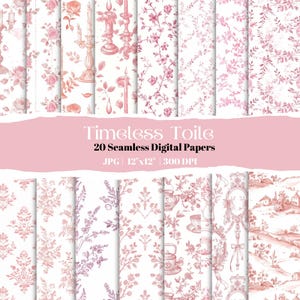 Roze en witte toile digitaal papier, vintage Franse naadloze patronen, shabby chic bloemen afdrukbaar, plakboek, huwelijksuitnodiging, knutselen