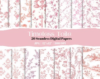 Pink Toile de Jouy Digital Paper Pack, 20 Seamless Vintage Floral Patterns, Elegant French Toile Wrapping Papers