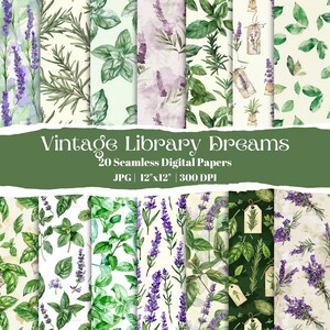 Può includere: Una collezione di 20 carte digitali senza cuciture con disegni botanici e floreali. I motivi includono lavanda, erbe e foglie nei toni del viola, verde e crema. Il testo dell'immagine recita "Vintage Library Dreams" e "12"x12"" (30,48cm x 30,48cm).