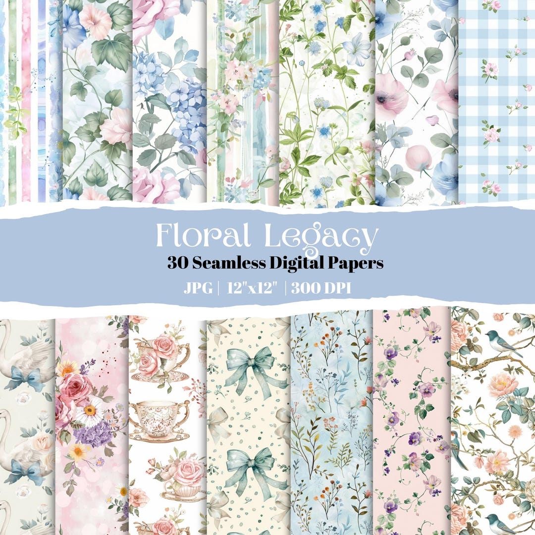 Grandmillennial Floral Digital Paper Bundle, Watercolor Shabby Chic ...