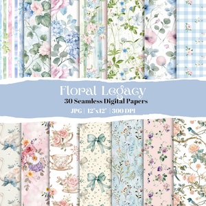 Watercolor Grandmillennial Digital Paper Bundle, Seamless Vintage Floral Patterns, Shabby Chic Scrapbooking and Craft Backgrounds