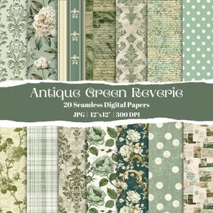 以下が含まれることがあります： アンティークグリーンのテーマの20枚のシームレスデジタルペーパーのコレクション。花柄、水玉模様、ダマスクなど、さまざまなパターンが特徴で、サイズは30.48cm x 30.48cm、300 DPIです。「Antique Green Reverie」のテキストが表示されています。