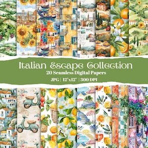 May include: A collection of 20 seamless digital papers with an Italian theme. The designs feature watercolor illustrations of Italian landscapes, including buildings, boats, lemons, and sunflowers. Each paper is 12"x12" and suitable for various creative projects.