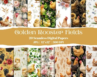Golden Rooster Fields, 20 Seamless Digital Papers, Farmhouse Country Backgrounds, Rustic Hen and Chick Watercolor Patterns, JPG 12”x12”