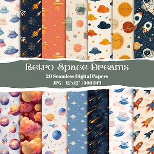 May include: A set of 20 seamless digital papers with a retro space theme. Designs include planets, rockets, UFOs, and stars in various colours. Each paper is 30.48cm x 30.48cm and suitable for digital projects.