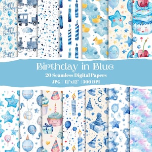 Blue Birthday Digital Paper Pack, Watercolor Party Seamless Backgrounds For Boys, Printable Scrapbook Designs, Stars And Balloons