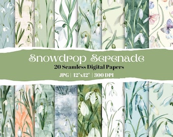 Watercolor Snowdrop Digital Paper: Seamless Floral Patterns (Digital Download)