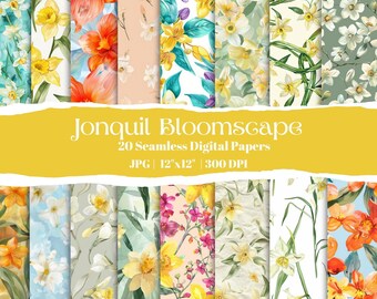 Narzisse Digitales Papier, 20 nahtlose Frühlingsblumenmuster, Aquarell Narzisse Hintergründe, druckbare Geschenkpapiere