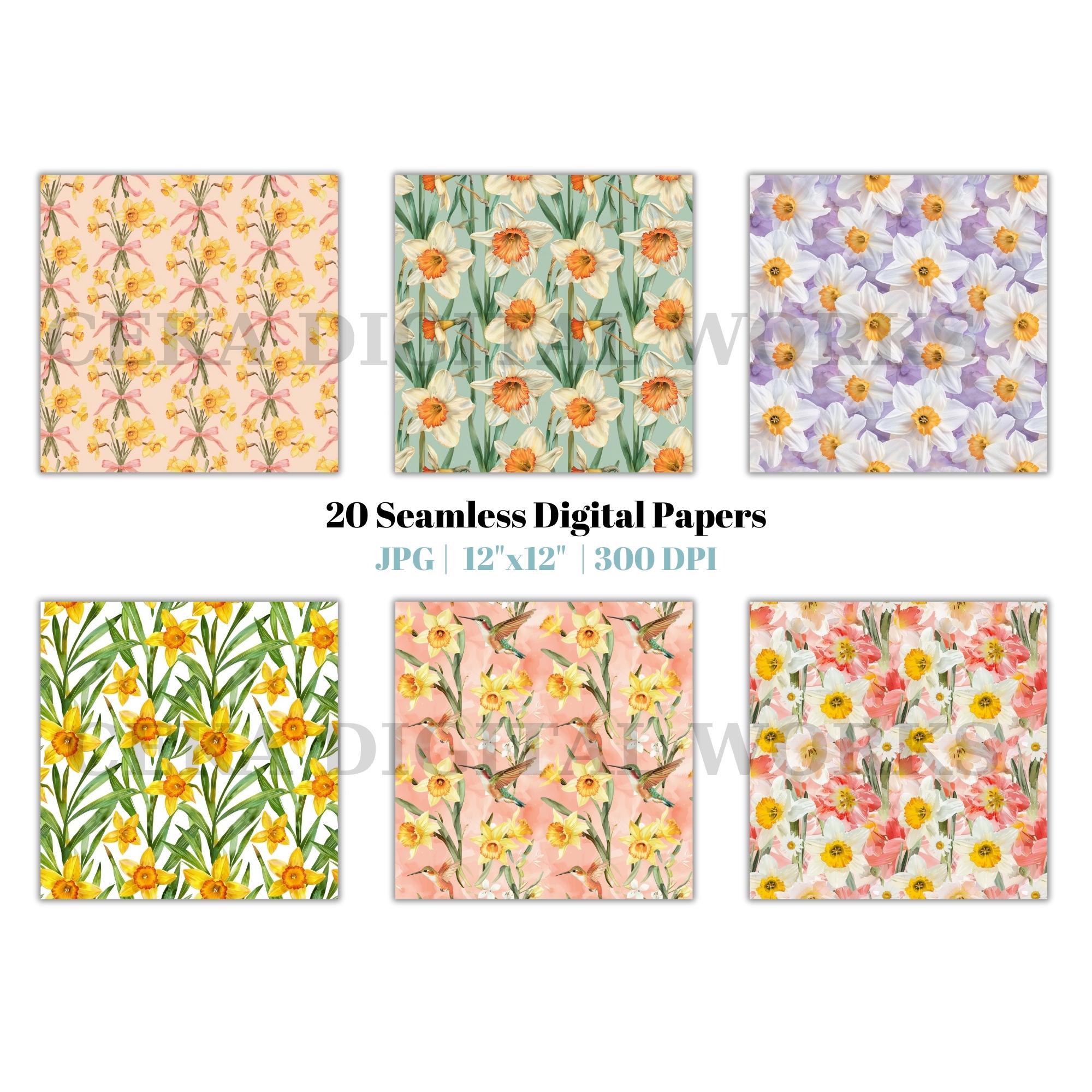 Daffodil Seamless Digital Paper Set, Spring Yellow Floral Backgrounds ...