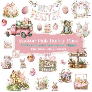 Imágenes prediseñadas de conejito rosa de Pascua, lindo conejo de acuarela y huevos de Pascua pastel, conjunto PNG de conejito de primavera, baby shower y arte de Pascua cottagecore