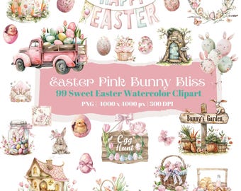 Pink Easter Watercolor Clipart Set, Bunny Eggs Spring Elements, 99 PNG Easter Graphics, Mug, T-shirt Design