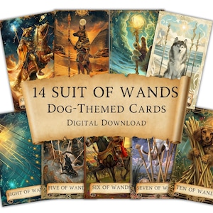 Baraja de cartas del tarot para perros, 14 palos de bastos, tarot místico canino, cartas digitales imprimibles, regalo para amantes de los perros, herramienta de adivinación espiritual