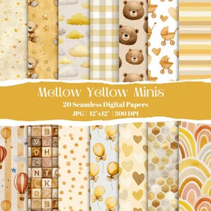 May include: A collection of 20 seamless digital papers in various patterns, including teddy bears, clouds, and polka dots. The papers are in shades of yellow and beige, with the text "Mellow Yellow Minis" and dimensions of 12"x12" visible.