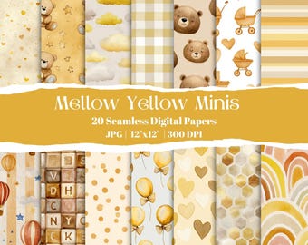 New Baby Yellow Digital Paper Set, Baby Shower Seamless Patterns, Neutral Nursery Backgrounds, Teddy Bear & Cloud Designs