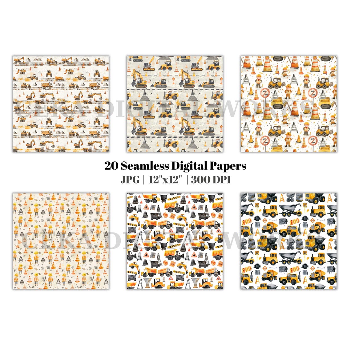 Construction Seamless Pattern Pack, Watercolor Construction Digital ...