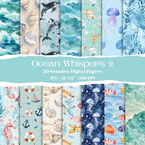 Pacchetto di carta digitale Ocean, pacchetto di motivi marini acquerellati, sfondi oceanici senza soluzione di continuità, carta nautica con meduse, delfini e coralli, set per scrapbooking