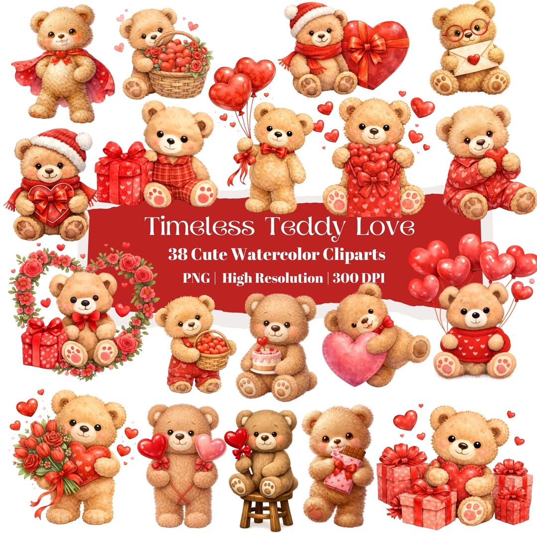 Valentine Teddy Bear Clipart, Watercolor Teddy PNG Set, Romantic Animal ...