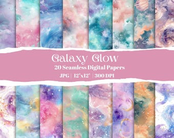 May include: A collection of 20 seamless digital papers with a galaxy theme. The papers feature swirling patterns in shades of blue, pink, purple, and teal, with white speckles and a planet design. The text "Galaxy Glow" and paper details are displayed on a pink banner.