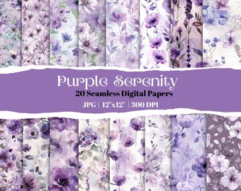 Purple Watercolor Floral Digital Paper Set, Seamless Minimalist Flower Patterns, Instant Download Backgrounds for Scrapbooking and Crafts