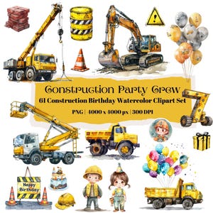 Aquarel bouw verjaardag clipartbundel, 61 gele vrachtwagen en gereedschap png's, jongensfeest clipart, aquarel bouwer feestafbeeldingen