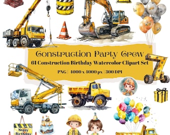 Watercolor Construction Clipart Bundle: 61 Truck & Tool PNGs (Digital Download)