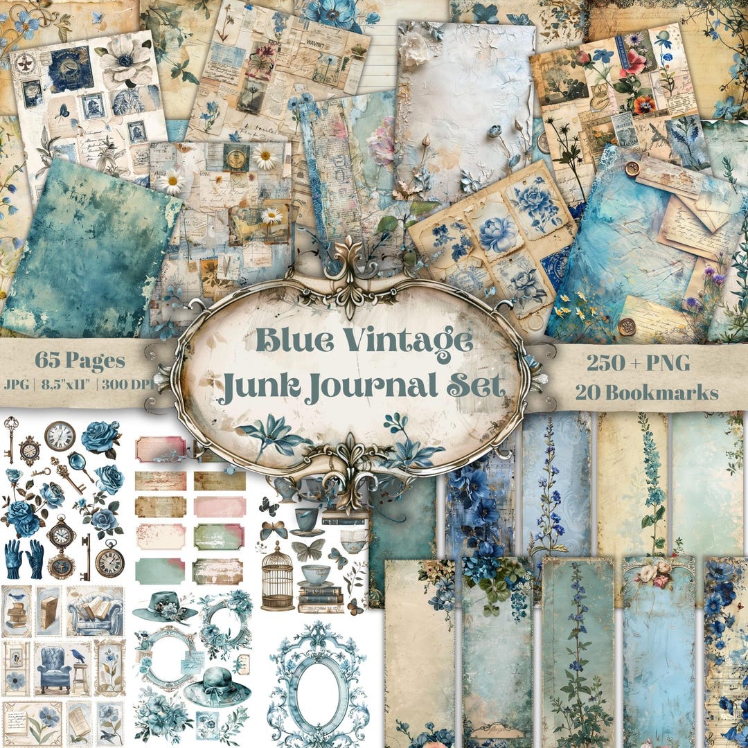 Blue Vintage Junk Journal Kit: Printable Ephemera, Bookmarks (digital ...