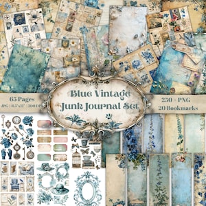 Blue Vintage Junk Journal Kit With Printable Pages, Bookmarks And PNG Ephemera For Scrapbooking, Crafting And Junk Journal Embellishments